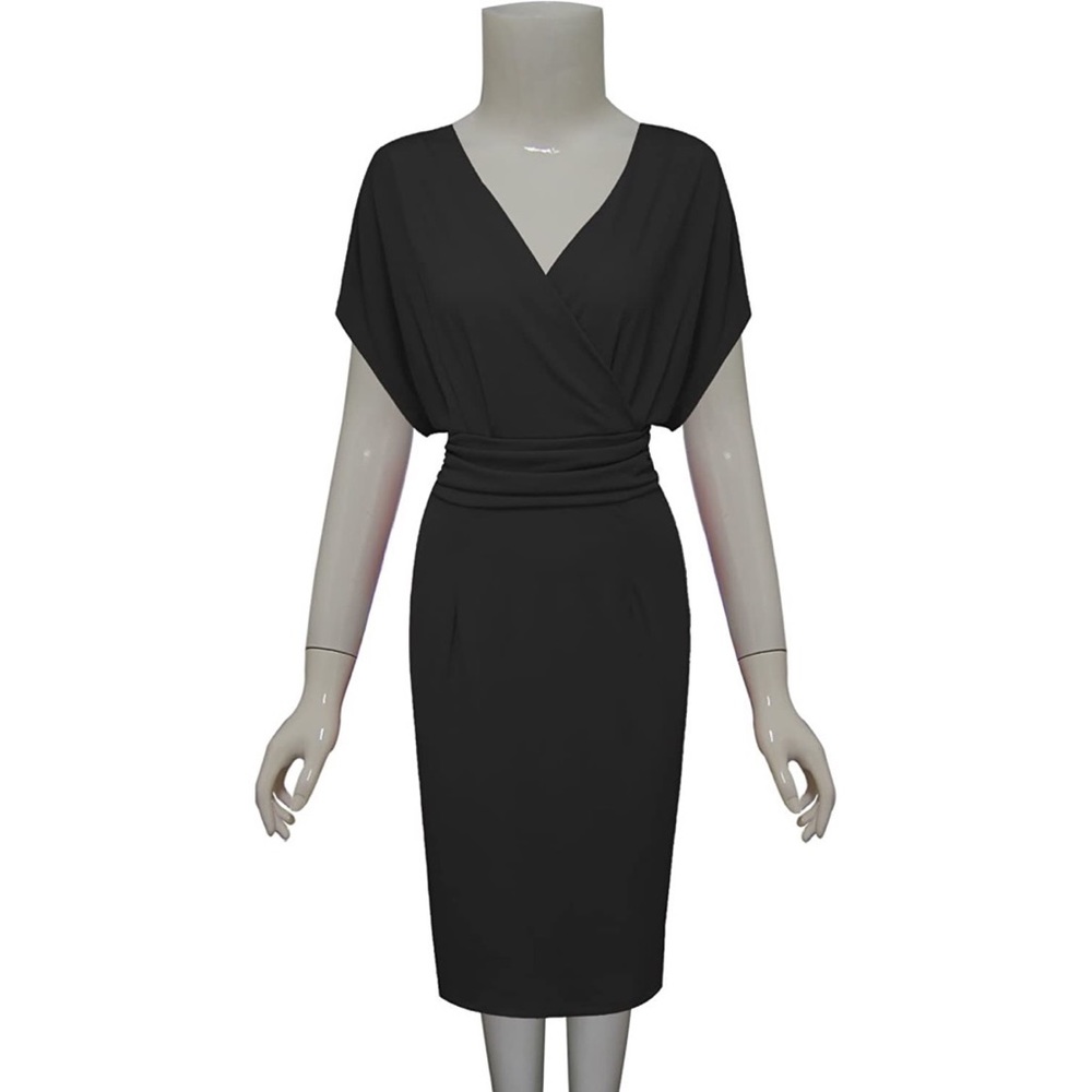 Black Pleated Waist Surplice Neckline Bodycon Midi Dress - Small